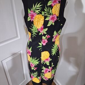 I.N. Studio Black Midi Dress with Yellow Pineapple and Pink Floral Print